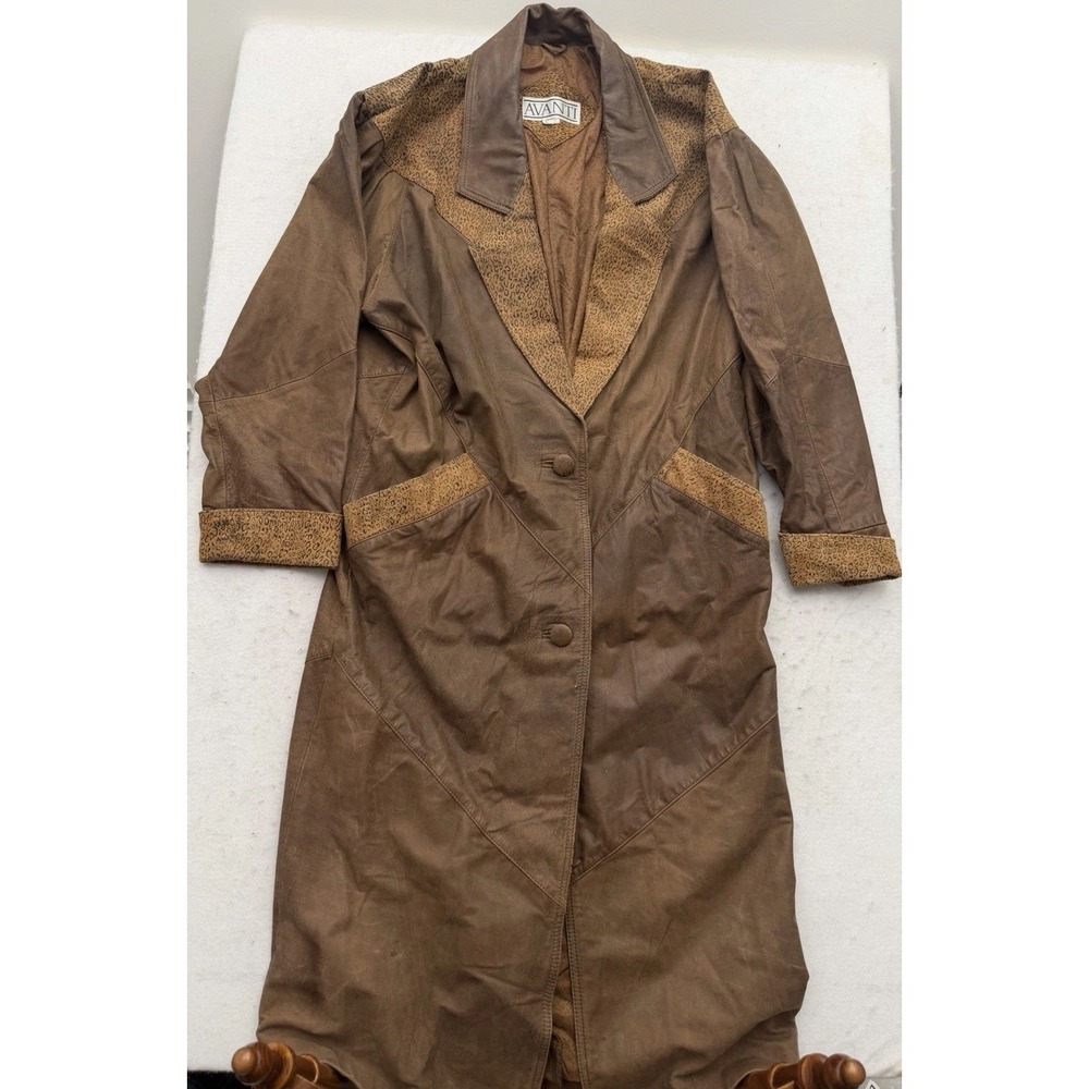 Vintage Avanti Brown Leather Maxi Trench Coat Leopard Print Womens L 80s RARE